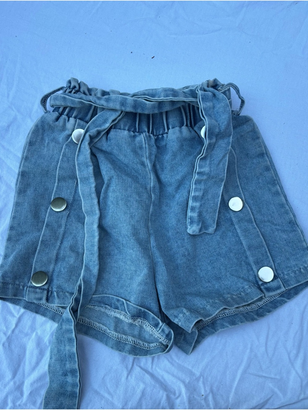 Washed Blue High-Waist Tie-Belt kids Shorts